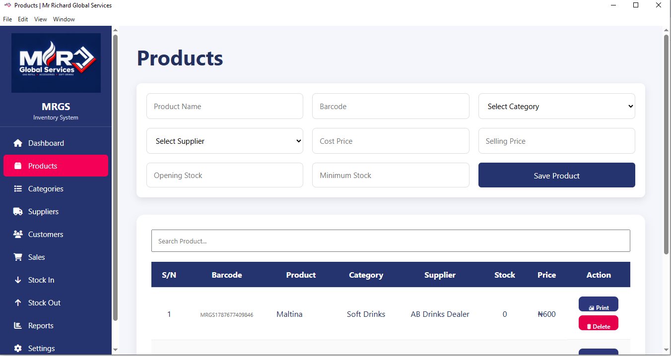 MRGS Inventory Management System products screen